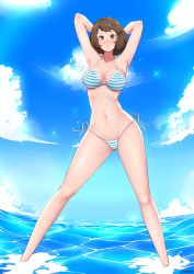1girl, absurdres, armpits, arms behind head, arms up, artist name, bikini, blue sky, blue stripes, breasts, brown eyes, brown hair, cloud, colored skin, highres, kaos art, kawakami sadayo, knees, legs, light blush, light smile, looking at viewer, medium breasts, multicolored, multicolored bikini, multicolored clothes, navel, ocean, persona, persona 5, persona 5 the animation, short hair, skinny, sky, standing, swimsuit, water, white stripes