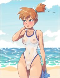Rule 34 | 1girl, abs, absurdres, blue eyes, blush, breasts, cameltoe, creatures (company), game freak, gen 1 pokemon, green eyes, gym leader, highleg, highleg swimsuit, highres, holding, legs, legs together, medium breasts, misty (pokemon), navel, ninscreations, nintendo, nipples, one-piece swimsuit, pokemon, pokemon hgss, pokemon rgby, pubic stubble, pussy, see-through, short hair, sideboob, skin tight, solo, swimsuit, thighs, water, wet, white one-piece swimsuit, wide hips
