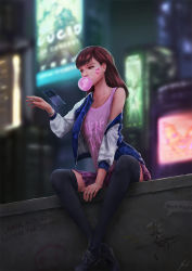 Rule 34 | 1girl, arm support, augmented reality, between legs, black thighhighs, brown hair, blowing bubbles, cameo, casual, catchphrase, cheesewoo, chewing gum, city, commentary, d.va (overwatch), english text, expressive clothes, facepaint, facial mark, graffiti, holographic interface, holographic touchscreen, jacket, leaning forward, light, long hair, long sleeves, meme, mercy (overwatch), night, off shoulder, outdoors, overwatch, overwatch 1, pink shirt, pleated skirt, purple skirt, shirt, shoes, sitting, skirt, smartwatch, sneakers, solo, speech bubble, tank top, text focus, thighhighs, watch, whisker markings, wristwatch, zettai ryouiki