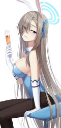 Rule 34 | 1girl, alcohol, animal ears, asuna (blue archive), asuna (bunny) (blue archive), bare back, bare shoulders, black pantyhose, blue archive, blue eyes, blue leotard, blunt bangs, bow, bowtie, breasts, cleavage, commentary request, cup, detached collar, drinking glass, elbow gloves, fake animal ears, from side, gloves, gnns, hair bow, hair ribbon, hairband, halo, highres, large breasts, leotard, long hair, looking at viewer, looking to the side, pantyhose, playboy bunny, rabbit ears, ribbon, sidelocks, silver hair, simple background, sitting, smile, solo, strapless, strapless leotard, traditional bowtie, very long hair, white background, white gloves, wine, wine glass