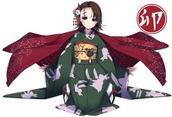 Rule 34 | 1girl, absurdres, animal print, black footwear, brown eyes, brown hair, chinese zodiac, closed mouth, commentary request, flower, full body, furisode, girls und panzer, green kimono, hair flower, hair ornament, haori, highres, jacket, jacket on shoulders, japanese clothes, kanji, kimono, kneeling, knife, long sleeves, looking at viewer, new year, obi, parted bangs, rabbit print, red jacket, sandals, sash, sattinittas, sawa azusa, short hair, simple background, smile, socks, solo, translated, white background, white socks, wide sleeves, year of the rabbit, zouri