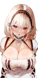 Rule 34 | 1girl, :o, absurdres, anchor choker, anchor symbol, azur lane, blush, breast hold, breasts, choker, cleavage, collarbone, frilled hairband, frilled shirt, frills, hair between eyes, hairband, highres, large breasts, looking at viewer, neck garter, open mouth, raru (nanaharararu), red eyes, shirt, short hair, simple background, sirius (azur lane), solo, upper body, white background, white shirt