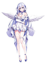 Rule 34 | 1girl, angel wings, blue eyes, blush, breasts, character request, cleavage, copyright request, dress, feathered wings, hand on own arm, large breasts, light purple hair, long hair, o-yatsu, simple background, smile, solo, white background, white dress, white wings, wings