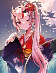 Rule 34 | 1girl, absurdres, asymmetrical hair, black robe, blush, breasts, closed mouth, commentary, cowboy shot, floral print, flower, flower knot, gradient hair, hair flower, hair ornament, head tilt, highres, hololive, horns, huge filesize, japanese clothes, kimono, kuukip, long hair, looking at viewer, multicolored hair, nakiri ayame, nakiri ayame (new year), night, obi, one eye closed, outdoors, petals, red eyes, red hair, red kimono, robe, sash, side ponytail, silver hair, skin-covered horns, small breasts, smile, solo, spider lily, spider lily print, streaked hair, two-tone hair, virtual youtuber