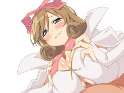Rule 34 | 10s, 1boy, 1girl, blush, bow, breasts, breasts squeezed together, bridal gauntlets, brown hair, censored, cleavage, cleavage cutout, clothing cutout, curly hair, deep skin, green eyes, hair bow, haruka (senran kagura), hetero, highres, huge breasts, loliconder, open mouth, paizuri, penis, pov, senran kagura, simple background, smile, teeth, upper body