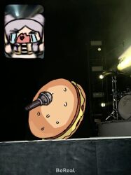 Rule 34 | &gt; &lt;, 1girl, bereal, burger, closed eyes, concert, crying, drum, drum set, fan screaming at madison beer (meme), food, frieren, highres, holding, holding microphone, inset, instrument, meme, microphone, oversized food, oversized object, photo background, screaming, solo, sousou no frieren, streaming tears, tears, wersman