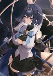 Rule 34 | 1girl, bare shoulders, black gloves, black skirt, black thighhighs, blue eyes, blue hair, blue ribbon, breasts, cleavage cutout, clothing cutout, commentary, cowboy shot, detached sleeves, gloves, hair between eyes, hair intakes, halo, head chain, heart-shaped gem, highres, hololive, hololive english, jewelry, large breasts, mechanical halo, medium hair, ouro kronii, ribbon, shirt, skirt, solo, symbol-only commentary, terupancake, thighhighs, veil, virtual youtuber, white shirt