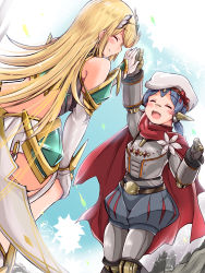 Rule 34 | 2girls, :d, android, bare shoulders, blonde hair, blush, cape, closed eyes, earrings, elbow gloves, flower, gloves, hat, high five, highres, jewelry, joints, kurokaze no sora, long hair, multiple girls, mythra (xenoblade), open mouth, poppi (xenoblade), poppi alpha (xenoblade), purple hair, red cape, robot joints, short hair, smile, swept bangs, tiara, twintails, very long hair, white flower, white gloves, xenoblade chronicles (series), xenoblade chronicles 2, |d
