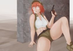 Rule 34 | 1girl, bare shoulders, breasts, crop top, fio germi, glasses, gun, hat, hato syndrome, large breasts, long hair, metal slug, on floor, ponytail, shorts, sleeveless, spread legs, wall, weapon