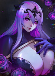 Rule 34 | 1girl, breasts, camilla (fire emblem), cleavage cutout, clothing cutout, double-parted bangs, fake horns, fire emblem, fire emblem fates, flower, gloves, hair between eyes, highres, horns, huge breasts, looking at viewer, nintendo, portrait, purple eyes, purple flower, purple hair, purple rose, rose, solo, tiara, upper body, xuuikie ashe