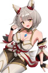 Rule 34 | 1girl, animal ears, breasts, chest jewel, cleavage, cosplay, detached sleeves, ear covers, fang, fingerless gloves, gloves, gonzarez, grey hair, highleg, highleg leotard, highres, leotard, looking at viewer, medium breasts, mio (xenoblade), nia (blade) (xenoblade), nia (blade) (xenoblade) (cosplay), nia (xenoblade), official alternate costume, open mouth, pantyhose, paw pose, short hair, simple background, smile, solo, thigh gap, thighhighs, xenoblade chronicles (series), xenoblade chronicles 3, yellow eyes