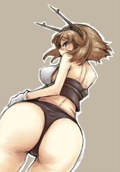 Rule 34 | 10s, 1girl, ass, black panties, blush, breasts, brown hair, from behind, gloves, green eyes, grey background, headgear, kantai collection, large breasts, looking at viewer, looking back, mutsu (kancolle), ofuro mantarou, outline, panties, short hair, solo, thigh gap, underwear, white gloves