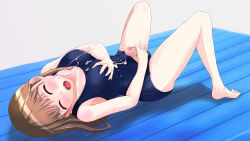 Rule 34 | 1futa, absurdres, artist request, autofacial, blue one-piece swimsuit, blush, brown hair, closed eyes, cum, cum on self, cum on swimsuit, ejaculation, facial, facing to the side, facing viewer, from side, full body, futanari, futanari masturbation, grabbing own breast, highres, long hair, lying, masturbation, on back, one-piece swimsuit, open mouth, original, penis, solo, swimsuit, teeth, toes, upper teeth only