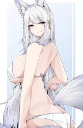 Rule 34 | 1girl, absurdres, animal ear fluff, animal ears, ass, azur lane, back, bikini, blush, breasts, butt crack, dated commentary, fox ears, fox girl, fox tail, grey eyes, hair ornament, highres, large breasts, long hair, looking at viewer, samip, shinano (azur lane), sideboob, simple background, solo, standing, swimsuit, tail, very long hair, white bikini, white hair