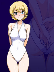 Rule 34 | 1girl, ass, blonde hair, blue background, blue eyes, blush, braid, breasts, cleavage, closed mouth, collarbone, darjeeling (girls und panzer), female focus, girls und panzer, groin, hair between eyes, halterneck, large breasts, looking at viewer, multiple views, one-piece swimsuit, oosaka kanagawa, simple background, smile, standing, swept bangs, swimsuit, thigh gap, thighs, upper body, white one-piece swimsuit