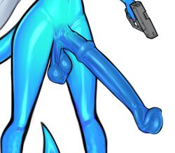 Rule 34 | 1girl, 3sdice, animal penis, blue skin, colored skin, completely nude, erection, futanari, gun, holding, holding gun, holding weapon, horse penis, huge penis, navel, nude, original, penis, red nails, solo, stomach, tail, testicles, weapon, white background