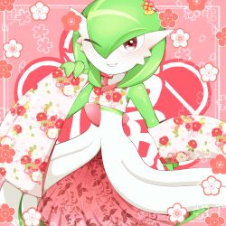Rule 34 | 1girl, arm at side, bare shoulders, blush, bob cut, border, clothed pokemon, colored skin, creatures (company), cropped kimono, detached sleeves, female focus, flat chest, floral print, game freak, gardevoir, gen 3 pokemon, green hair, green skin, grin, hair between eyes, hand up, happy, highres, japanese clothes, japanese text, kimono, looking at viewer, multicolored skin, nintendo, one eye closed, outside border, pink background, pink theme, pokemon, pokemon (creature), red eyes, short hair, sleeveless, sleeveless kimono, smile, solo, tahita, teeth, text background, translation request, two-tone skin, white border, white kimono, white skin, white sleeves, wide sleeves, wink