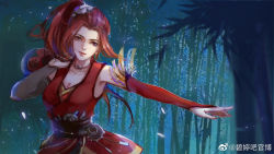 Rule 34 | 1girl, arm at side, asymmetrical sleeves, bamboo, bamboo forest, bi ting (xia lan), carrying, dress, feathers, forest, gourd, highres, mismatched sleeves, nature, ponytail, red dress, red eyes, red hair, sash, solo, xia lan, xia lan bi ting chao hua