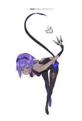 Rule 34 | 1girl, backless outfit, blue hair, blush, dark-skinned female, dark skin, fate/grand order, fate/prototype, fate/prototype: fragments of blue and silver, fate (series), full body, hassan of serenity (fate), highres, kunai, nito (siccarol), purple eyes, purple hair, short hair, simple background, solo, translation request, weapon, white background
