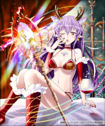 Rule 34 | 1girl, alcohol, animal ears, antlers, arm support, bed sheet, bra, breasts, collarbone, cup, curtains, detached sleeves, drinking glass, earrings, gem, glowing, hair between eyes, hand on own face, horns, jewelry, kuroi nyan, large breasts, long hair, looking at viewer, nail polish, navel, official art, one eye closed, open mouth, pointy ears, purple hair, red eyes, red legwear, senjou no electro girl, sitting, solo, staff, star (symbol), underwear, wine, wine glass