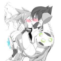 Rule 34 | 1boy, 1girl, armor, blush, bodysuit, chip-tooth, closed eyes, couple, cyborg, french kiss, genji (overwatch), hetero, highres, holding, kiss, mask, unworn mask, overwatch, overwatch 1, short hair, spiked hair, tongue, tongue out, tracer (overwatch), white background
