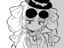 Rule 34 | 1girl, bangle, bow, bracelet, coat, dress, drill hair, earrings, efukei, eyewear on head, greyscale, hair bow, hat, hat bow, highres, jewelry, monochrome, multiple hair bows, necklace, pendant, ribbon, ring, sad, solo, sunglasses, top hat, touhou, twin drills, yorigami jo&#039;on