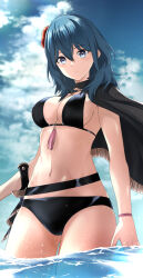 Rule 34 | 1girl, absurdres, bikini, black bikini, black cape, blue hair, blush, breasts, byleth (female) (fire emblem), byleth (female) (summer) (fire emblem), byleth (fire emblem), cape, cleavage, closed mouth, commentary request, fire emblem, fire emblem: three houses, fire emblem heroes, flower, hair between eyes, hair flower, hair ornament, highres, komurice, long hair, looking at viewer, medium breasts, navel, nintendo, official alternate costume, partially submerged, red flower, solo, stomach, swimsuit, water, wet