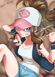 Rule 34 | 1girl, absurdres, bad id, bad twitter id, baseball cap, black vest, blue eyes, breasts, brown hair, clenched hand, closed mouth, commentary request, creatures (company), dated, denim, denim shorts, dirty, dirty face, game freak, harota 615, hat, high ponytail, highres, hilda (pokemon), holding, holding poke ball, knees, long hair, looking at viewer, medium breasts, nintendo, poke ball, poke ball (basic), pokemon, pokemon bw, shirt, short shorts, shorts, sidelocks, sleeveless, sleeveless shirt, solo, vest, white hat, white shirt, wristband