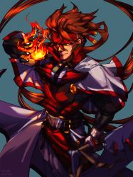 Rule 34 | 1boy, absurdres, belt buckle, black bodysuit, bodysuit, brown hair, buckle, capelet, concrete, fire, forehead protector, gloves, guilty gear, guilty gear xx, hair between eyes, highres, holding, holding flame, holding sword, holding weapon, huge filesize, looking at viewer, luttymoar, male focus, muscular, nose, order-sol, popped collar, reverse grip, sol badguy, solo, sword, tabard, uniform, weapon, white capelet, white gloves, yellow eyes