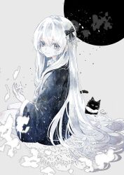 Rule 34 | 1girl, absurdres, animal, black bow, black cat, bow, cat, closed mouth, collared shirt, from side, grey background, grey eyes, hair between eyes, hair bow, highres, long hair, long sleeves, looking at viewer, looking to the side, original, oseto (oxxsexxto), painting (medium), pale skin, shirt, sitting, skirt, smile, solo, traditional media, very long hair, watercolor (medium), white hair, wide sleeves