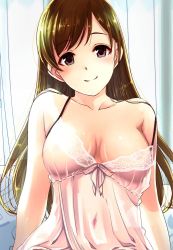 Rule 34 | 10s, 1girl, blush, bow, breasts, brown eyes, brown hair, chemise, cleavage, collarbone, covered erect nipples, gradient background, gustav (telomere na), head tilt, idolmaster, idolmaster cinderella girls, lace, light smile, lingerie, long hair, looking at viewer, navel, negligee, nightgown, nitta minami, see-through, shiny skin, smile, solo, spaghetti strap, strap slip, striped, striped background, swept bangs, tareme, underwear