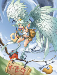 Rule 34 | 1girl, animal, animal on head, bag, bare shoulders, bird legs, bottle, branch, bread slice, cat, claws, commentary request, digitigrade, feathered wings, feathers, flying, food, food in mouth, green eyes, green feathers, green wings, harpy, head wings, highres, holding with feet, midriff, monster girl, mouth hold, navel, on head, original, satchel, sheath, sheathed, short hair, short shorts, shorts, sign, solo, sword, talons, tank top, toast, toast in mouth, weapon, weather vane, white tank top, winged arms, wings, yingjian