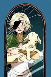 Rule 34 | 1boy, animal, blue background, broken mirror, choker, cloak, commentary, dungeon meshi, elf, english commentary, green cloak, grey eyes, grey hair, highres, holding, holding animal, lamb, long sleeves, mirror, mithrun, open mouth, pointy ears, reflection, sheep, short hair, tuherrus, uniform, wide-eyed