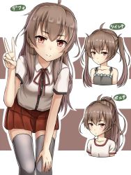 Rule 34 | 1girl, ahoge, brown eyes, brown hair, dress shirt, hand on own knee, leaning forward, long hair, looking at viewer, md5 mismatch, multiple views, original, pleated skirt, ponytail, red skirt, resized, resolution mismatch, school uniform, shirt, skirt, smile, source larger, striped, striped background, thighhighs, twintails, v, white thighhighs, yakob labo