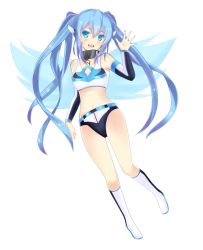 Rule 34 | 1girl, alternate costume, belt, blue eyes, blue hair, blue wings, boots, breasts, chain, cleavage, detached sleeves, female focus, floating hair, froznkamui, full body, hair between eyes, knee boots, long hair, long sleeves, looking at viewer, micro shorts, midriff, navel, nymph (sora no otoshimono), outstretched hand, shiny skin, shorts, small breasts, solo, sora no otoshimono, stomach, transparent background, twintails, very long hair, waving, white footwear, wings
