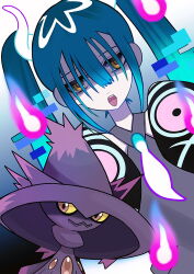 Rule 34 | 1girl, black background, black sleeves, blue hair, choppy bangs, commentary request, creatures (company), dutch angle, game freak, gen 4 pokemon, ghost miku (project voltage), ghost pose, glitch, glowing neckwear, gradient background, gradient hair, grey shirt, hair ornament, hair over eyes, hands up, hatsune miku, highres, hitodama, jitome, looking at viewer, mismagius, multicolored hair, nintendo, open mouth, pokemon, pokemon (creature), project voltage, sakuma kou, shirt, sleeves past fingers, sleeves past wrists, solo, straight-on, tongue, tongue out, upper body, vocaloid, white background, will-o&#039;-the-wisp (mythology), yellow eyes
