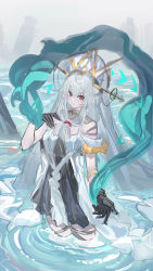 Rule 34 | 1girl, absurdres, arknights, bare shoulders, black dress, black gloves, closed mouth, detached collar, dress, echj, gloves, grey hair, hat, highres, layered dress, long hair, looking at viewer, off-shoulder dress, off shoulder, official alternate costume, red eyes, shawl, skadi (arknights), skadi the corrupting heart (arknights), skadi the corrupting heart (sublimation) (arknights), solo, thigh strap, very long hair, wading, water, white dress, white hat