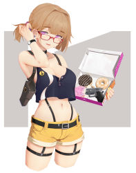 Rule 34 | 1girl, absurdres, adjusting hair, bare shoulders, belt, belt buckle, black belt, breasts, brown hair, buckle, choker, cleavage, cowboy shot, doughnut, earrings, food, girls&#039; frontline, glasses, greentree, grizzly mkv (girls&#039; frontline), grizzly mkv (weekend cop) (girls&#039; frontline), gun, handgun, highres, holster, jewelry, l.a.r. manufacturing, lar grizzly win mag, large breasts, looking at viewer, midriff, navel, official alternate costume, pastry box, peace symbol, pink eyes, ponytail, red-framed eyewear, short hair, short shorts, shorts, shoulder holster, simple background, smile, solo, strap, tank top, watch, weapon, white background, wristwatch, yellow shorts