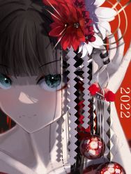 Rule 34 | 1girl, absurdres, aqua eyes, artist name, artist request, bare shoulders, black hair, blunt bangs, breasts, close-up, collarbone, female focus, flower, green eyes, hair flower, hair ornament, hair stick, highres, hime cut, japanese clothes, kimono, kurosawa dia, long hair, looking at viewer, love live!, love live! sunshine!!, mole, mole under mouth, red background, red flower, red kimono, small breasts, solo, upper body
