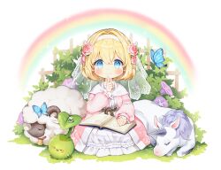 Rule 34 | blonde hair, blue eyes, blush, book on lap, breasts, bug, bush, butterfly, capelet, commentary request, dress, eyebrows hidden by hair, final fantasy, final fantasy xiv, finger to mouth, flower, frilled dress, frills, grass, hair between eyes, hair flower, hair ornament, hairband, insect, jitter, korpokkur (final fantasy), lalafell, looking at viewer, nightgown, pink flower, pink robe, pointy ears, rainbow, robe, see-through veil, sheep, short hair, shushing, sleeping, small breasts, sparkle, unicorn, water drop, white background, white capelet, white dress, white hairband, white nightgown