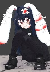 Rule 34 | 1girl, :3, absurdres, ahoge, animal ears, bandages, bandaid, bandaid on face, black footwear, black gloves, black hair, black pants, black shirt, blood, blood stain, fang, gloves, grey background, hair ornament, high heels, highres, indie virtual youtuber, jewelry, knees together feet apart, knees up, long hair, long sleeves, looking at viewer, lop rabbit ears, necklace, noiriririri, pants, para (vtuber), rabbit ears, red-framed eyewear, red eyes, semi-rimless eyewear, shirt, sitting, skull necklace, striped clothes, striped pants, thick eyebrows, tsurime, under-rim eyewear, very long hair, virtual youtuber, x hair ornament