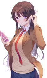 Rule 34 | 1girl, absurdres, adjusting hair, blazer, blue skirt, blush, breasts, brown hair, brown jacket, collared shirt, commentary request, cowboy shot, hair behind ear, hair ornament, tucking hair, hairclip, hands up, highres, holding, jacket, jun (aousa0328), long hair, long sleeves, looking at viewer, miniskirt, necktie, open clothes, open jacket, open mouth, phone, pleated skirt, purple eyes, red necktie, sakurajima mai, school uniform, seishun buta yarou, shirt, simple background, skirt, smile, solo, white background, white shirt