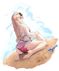 Rule 34 | 1girl, ass, barefoot, beach, blonde hair, blue eyes, blush, braid, ddangbi, eyewear on head, from behind, highres, innertube, long hair, long sleeves, looking at viewer, looking back, ocean, one-piece swimsuit, open mouth, original, outdoors, pink one-piece swimsuit, sand castle, sand sculpture, see-through, shirt, sitting, soles, starfish, sunglasses, swim ring, swimsuit, thighs, toes, twin braids, wariza, water, white shirt