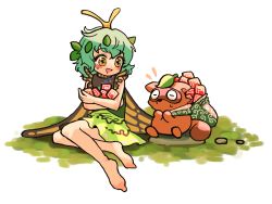 Rule 34 | 1girl, animal, antennae, aqua hair, barefoot, blush, butterfly wings, dress, eternity larva, fairy, green dress, hair between eyes, highres, howhow notei, insect wings, leaf, leaf on head, multicolored clothes, multicolored dress, open mouth, power item (touhou), raccoon, short hair, short sleeves, simple background, single strap, solo, touhou, white background, wings, yellow eyes