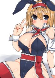 Rule 34 | 1girl, alice margatroid, animal ears, black eyes, blonde hair, blush, breasts, capelet, cleavage, closed mouth, commentary request, cowboy shot, fake animal ears, frills, golgi hon, hair between eyes, hairband, highres, large breasts, leotard, long hair, looking at viewer, playboy bunny, rabbit ears, short hair, sitting, smile, solo, touhou, v, wrist cuffs