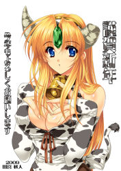 Rule 34 | 00s, 1girl, 2009, animal print, bell, neck bell, blonde hair, blue eyes, breasts, bridal gauntlets, cleavage, cleavage cutout, clothing cutout, collar, cow print, cow tail, cowbell, elbow gloves, fingerless gloves, gloves, horns, kotoyoro, large breasts, long hair, midriff, new year, riesz, seiken densetsu, seiken densetsu 3, solo, tail, tamiya akito