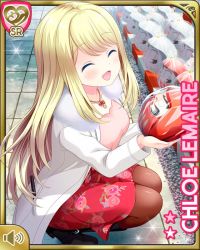 Rule 34 | 1girl, :d, black footwear, blonde hair, blue eyes, bow, card, character name, chloe lemaire, dress, closed eyes, girlfriend (kari), jacket, kneeling, long hair, official art, open mouth, outdoors, qp:flapper, red dress, smile, solo, tagme, white jacket