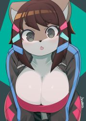 Rule 34 | 1girl, animal ears, breasts, cleavage, female focus, furry, furry female, hair ornament, highres, jacket, large breasts, leaning forward, open mouth, original, otter ears, ryuusui arumo, solo