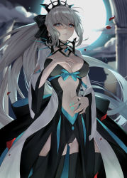 Rule 34 | 1girl, absurdres, black bow, black dress, black footwear, blue eyes, boots, bow, braid, breasts, center opening, cleavage, dress, fate/grand order, fate (series), french braid, full moon, grey hair, hair bow, highres, large breasts, long hair, long sleeves, looking at viewer, moon, morgan le fay (fate), night, night sky, parted lips, pelvic curtain, ponytail, pubic tattoo, seizou hidzuke, sidelocks, sky, solo, stomach tattoo, tattoo, thigh boots, thighhighs, thighs, two-tone dress, very long hair, white dress, wide sleeves