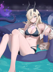 Rule 34 | 1girl, arknights, bikini, black bikini, blonde hair, breasts, can, commentary, criss-cross halter, dragon girl, dragon horns, dragon tail, eblana (arknights), english commentary, fangs (fangs art), fire, green eyes, hair over one eye, halterneck, highres, holding, holding can, horns, in water, jacket, large breasts, long hair, looking at viewer, multi-strapped bikini, off shoulder, open clothes, open jacket, purple fire, smile, solo, swimsuit, tail